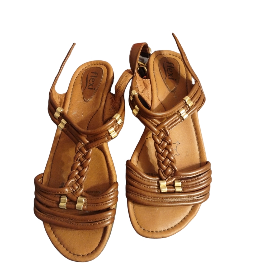Flexi Braided Strap Brown Wedge Sandals Size 8 Comfort Boho Leather